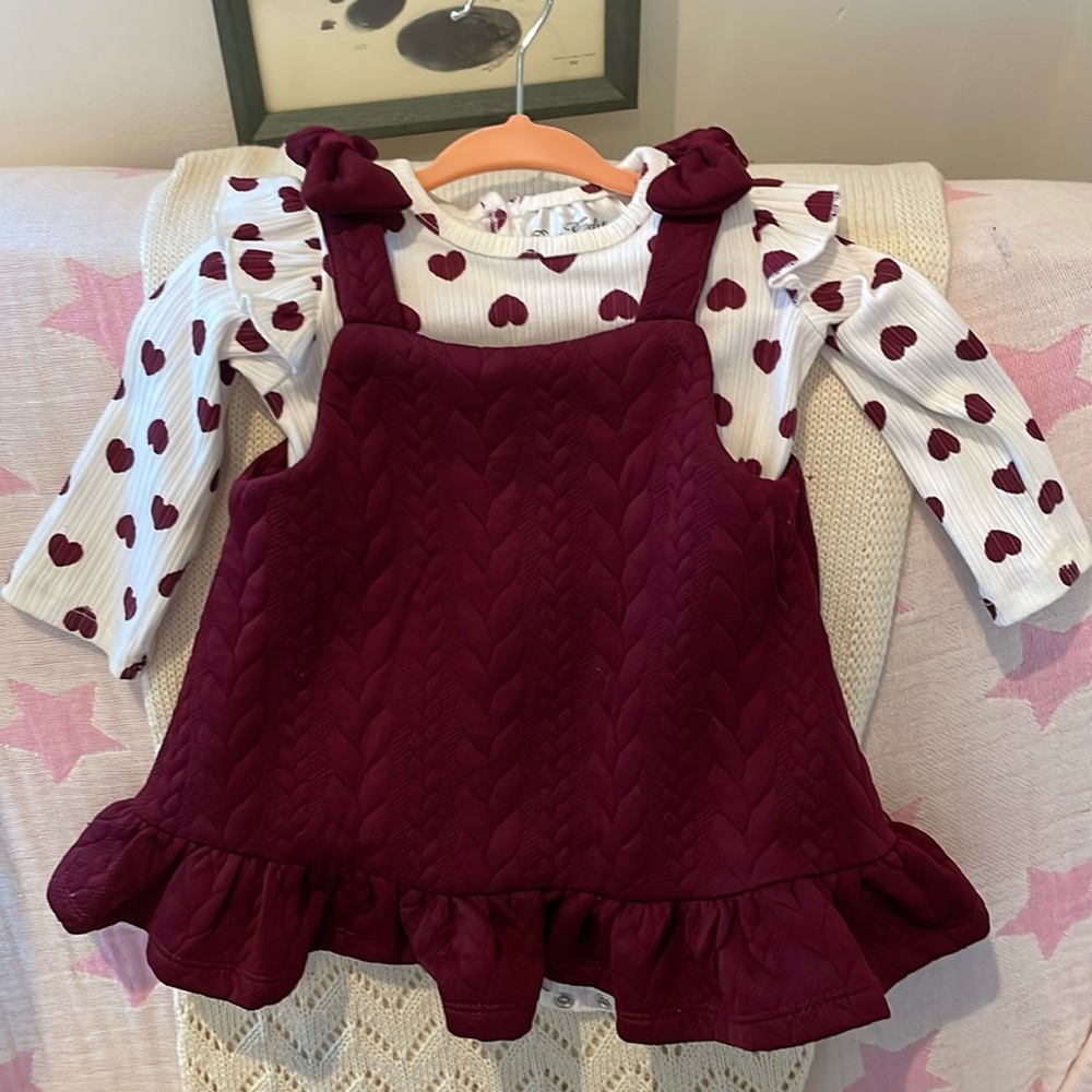 3-6 months burgundy dress with matching heart bodysuit. Long sleeve.